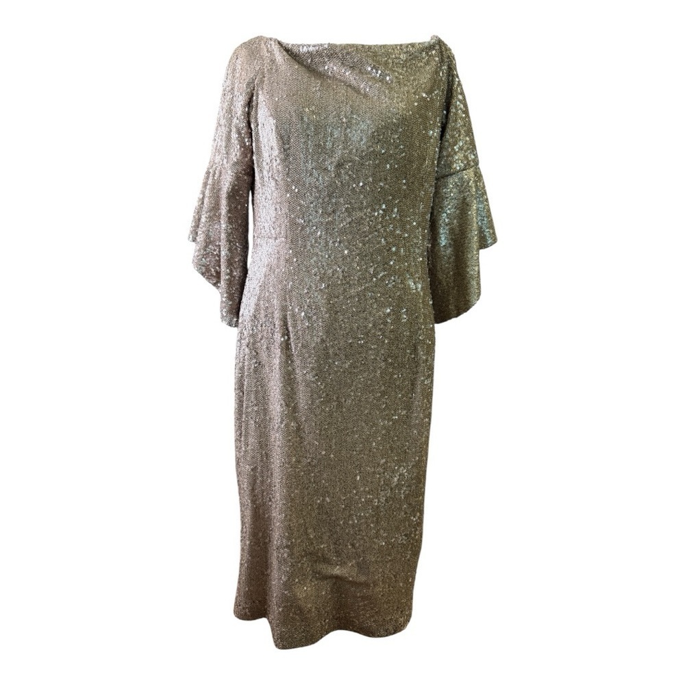 ANTONIO MELANI Gold Nude Sheath Dress with Cowl Neck and Dolman Sleeves